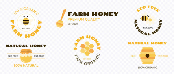Honey shop labels design with bees, honeycombs, honey jar, spoon and text in white, brown and yellow colours isolated on transparent background. Bee honey tags. Branding objects for honey shops.Vector © Anna
