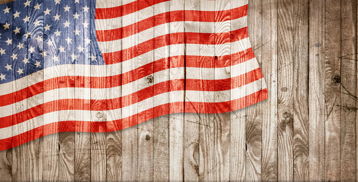 USA flag waving on old grunge wooden wall background, 4th of july Independence Day vintage wild west styled banner, retro festive concept for american 250th anniversary holiday.