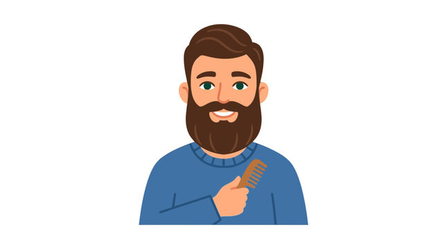 Smiling man with beard holding a wooden comb grooming facial hair