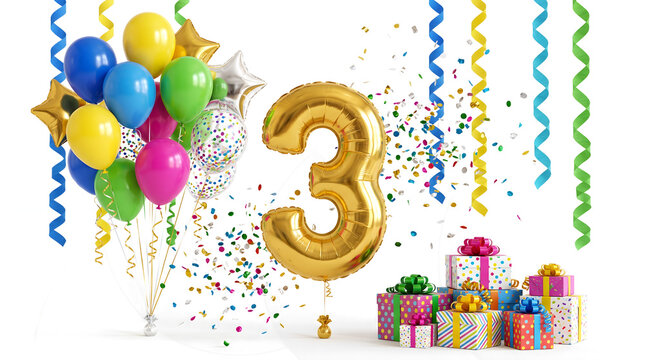 Bright and colorful 3rd birthday balloons isolated on transparent background, festive party decoration, cheerful kids celebration concept design