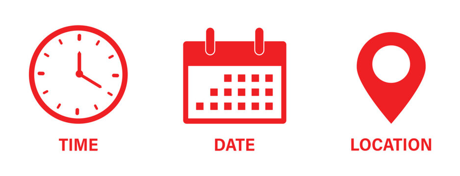 Time, date and location icon set, clock calendar map pin navigation symbols. Calendar, location pin, clock icons, event icon set, address time and date symbols.  vector illustration.