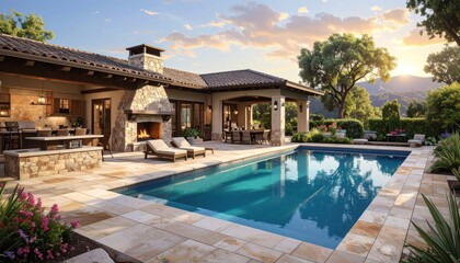Fototapeta premium Luxury Villa Backyard with Pool and Outdoor Fireplace at Sunset