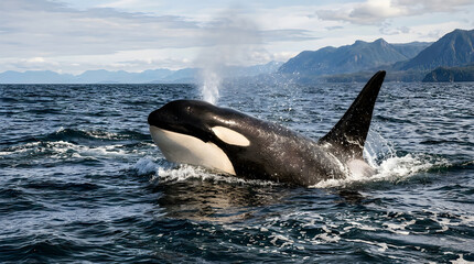 Naklejka premium Orca whale jumping out of ocean water
