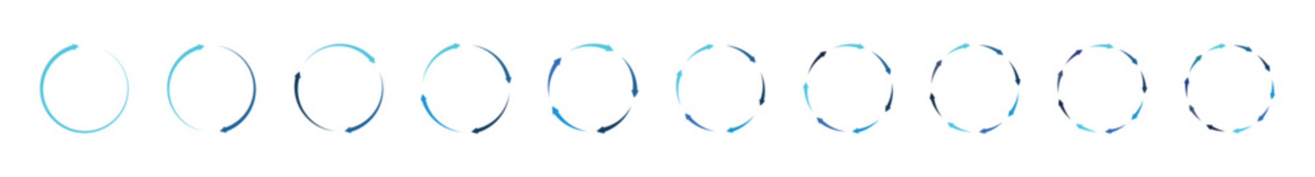 Set of circle arrows. Rotate and spinning symbol. Circular rotation loading element, redo process. Circle arrow 1, 2, 3, 4, 5, 6, 7, 8, 9, 10 icon set. Circular process, rotate infographic element.