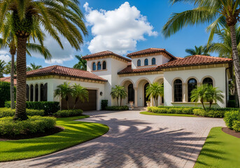 Obraz premium Large white luxury house with red tile roof and palm trees in a tropical setting