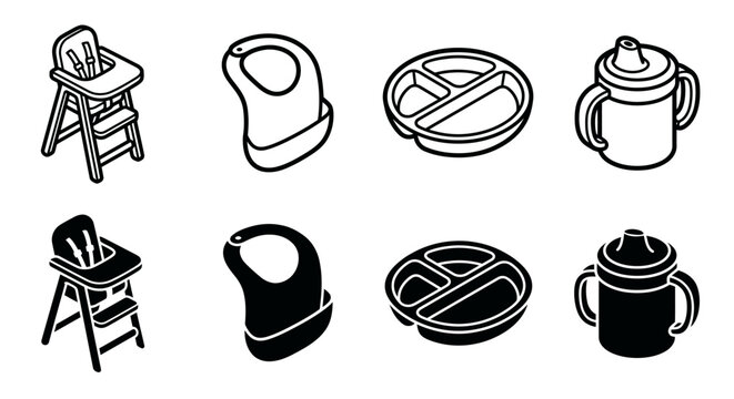 Baby feeding essentials: high chair, bib, plate, sippy cup set
