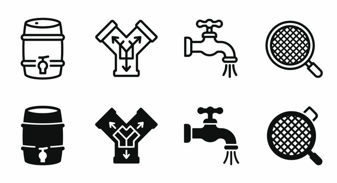 Set of plumbing and kitchen tool icons: barrel, valve, faucet, sieve