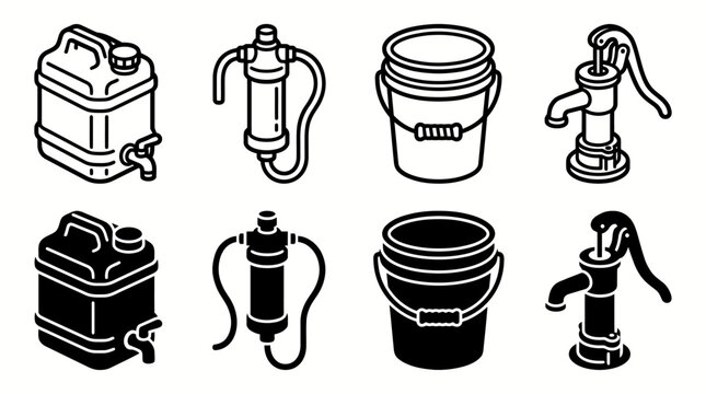 Collection of water containers and pumps: jug, filter, bucket, hand pump icons