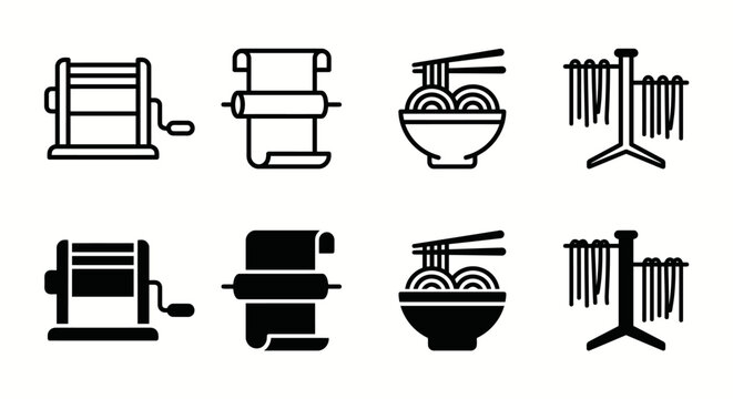 Icon set of noodle making tools including pasta machines and drying racks