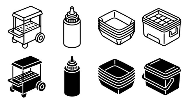 Collection of fast food equipment icons including carts, condiment bottles, trays, and containers