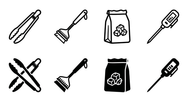 Bbq tool set icons: tongs, grill brush, ice bag, meat thermometer
