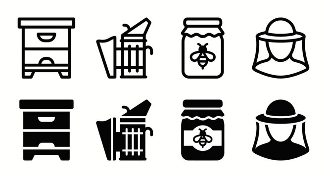 Beehive tools and equipment icons: honey extractor, beekeeper hat, bee jar