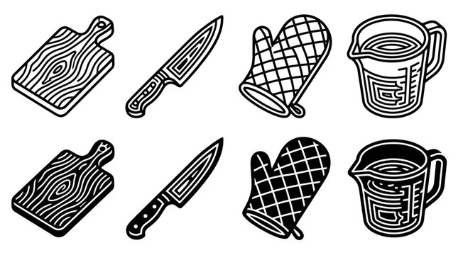 Black and white kitchen utensils: cutting boards, knives, oven mitts, measuring jugs