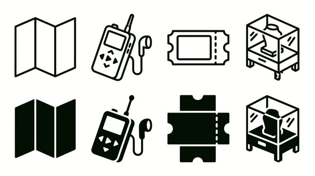 Set of travel icons: map, audio guide, ticket, exhibition display