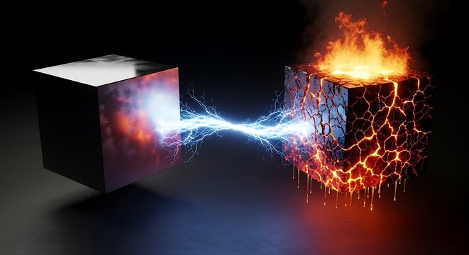 Two floating cubes representing fire and ice connected by a powerful electric spark discharge against a dark black background setting