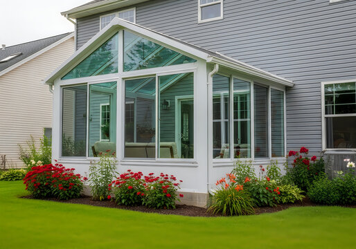 Modern house with sunroom and garden flowers in the suburbs