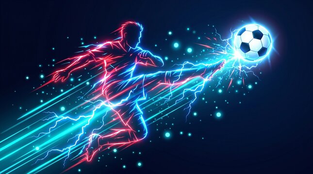 Neon soccer player kicks ball with lightning speed