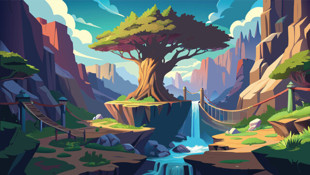 Ancient tree on floating island with waterfall bridge during vibrant sunset vector illustration