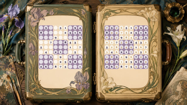Luxury Art Nouveau style embossed leather suitcase with decorative floral sudoku puzzles