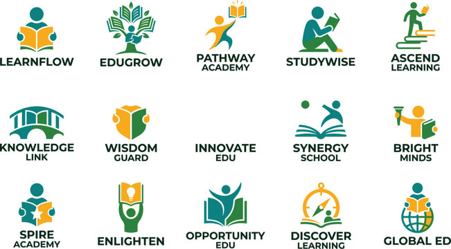 Education and School Logo Icon Set with Abstract Human Figures Open Books Trees Shields and Compass Symbols for Academy Identity Branding Design