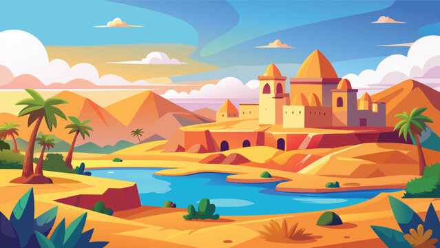 Desert oasis town with ancient architecture and palm trees during a vibrant sunset Vector Illustration