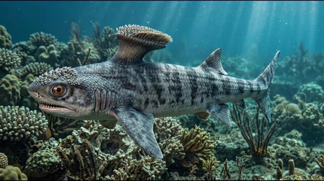 Stethacanthus shark (Stethacanthus) Carboniferous fish, accurate representation, unique brush dorsal fin spine