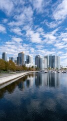 Fototapeta premium Marina waterfront with modern skyline and boats, urban lifestyle, travel destination, coastal city development, premium real estate.