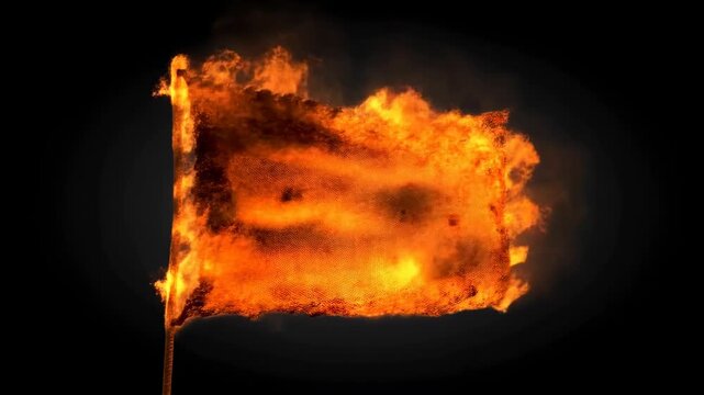 Intense burning flag in slow motion against black background