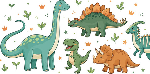 Cute cartoon dinosaur vector character collection featuring tyrannosaurus rex brachiosaurus triceratops stegosaurus and parasaurolophus isolated on white background. © Habiba
