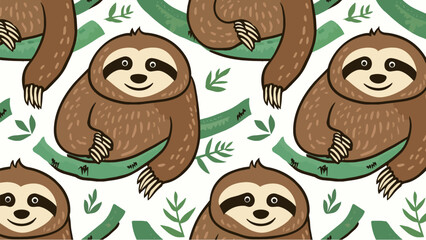 Obraz premium Adorable brown sloths hanging from tropical green tree branches seamless vector pattern for fabric and wallpaper