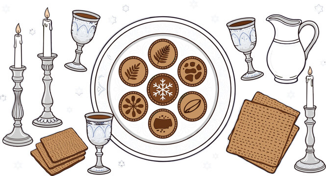 Passover seder plate vector illustration with matzah crackers wine goblets candles and pitcher isolated on white background.