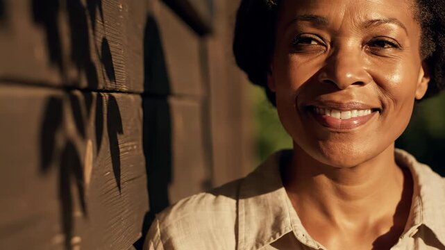 African American woman smiling next to a wooden wall. Portrait of a lady standing outdoors in sunlight with leaf shadow patterns reflecting on the textured surface