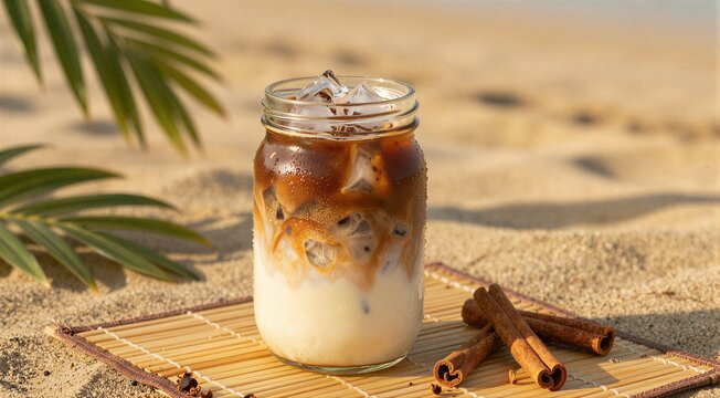 Iced coffee in mason jar on sandy beach with cinnamon sticks
