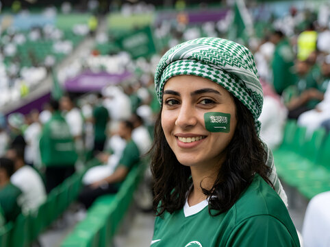 A young woman with saudi arabian flag painted on her cheek smiles in a sports stadium.