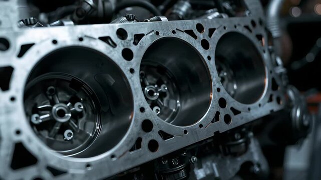 Close view of an exposed metal engine block showing three circular cylinder bores and internal parts