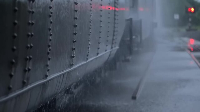 Tracking shot of freight train side rolling past wet platform and crossing in rainy overcast evening, closeup on riveted metal and dripping water