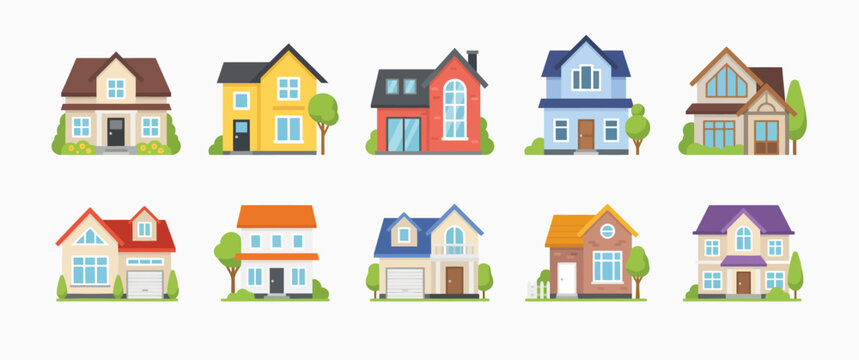 Simple suburban house, cartoon vector, collection featuring isolated residential homes for real estate, property ownership, housing development, and architecture design projects