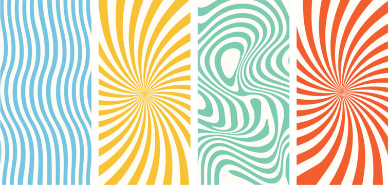 Groovy hippie 70s backgrounds with waves, swirls, and twirl patterns in twisted psychedelic retro style vector texture for trendy vintage design projects