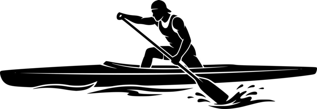 Black silhouette illustration of rower exercising on ergometer machine with athletic workout concept isolated on white background
