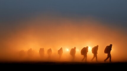 Fototapeta premium Silhouettes of people walking through fog under dramatic sunlight.