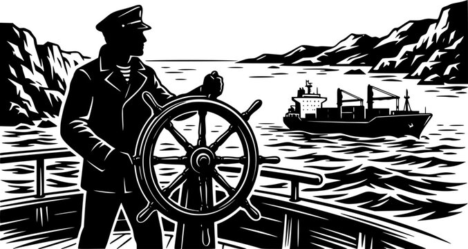 Mariner silhouette at ship wheel with cargo vessel and rocky coastline illustration isolated on white background
