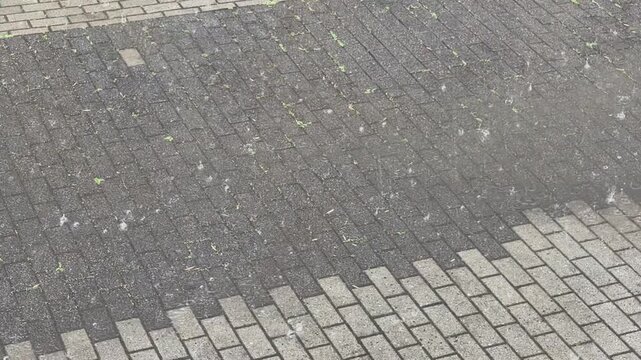 Raindrops falling on paving stones during heavy rain with water puddle