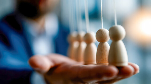 Businessman controlling wooden mannequins with strings, symbolic concept of manipulation, power, authority and human dependency