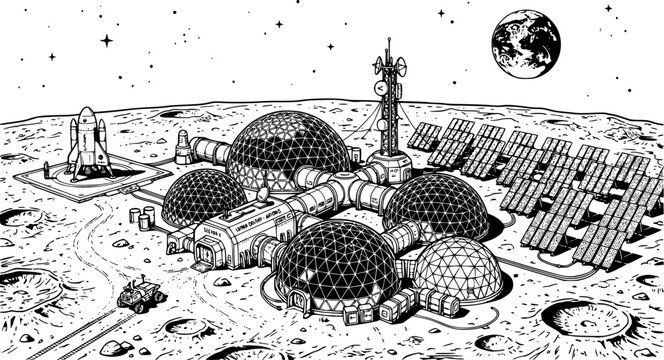 Futuristic lunar base colony with geodesic domes and solar panels on moon surface isolated on white background
