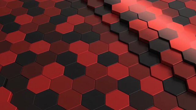 Dynamic abstract background featuring red and black hexagonal tiles creating a modern geometric pattern with a moving light effect.