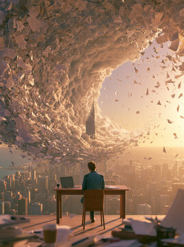 A person sits at a desk overlooking a vast city, facing a surreal vortex of papers and clouds in the sky, symbolizing overwhelming workload.