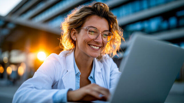 Smiling woman in lab coat and glasses working on a laptop outdoors, science, research, technology and professional success concept