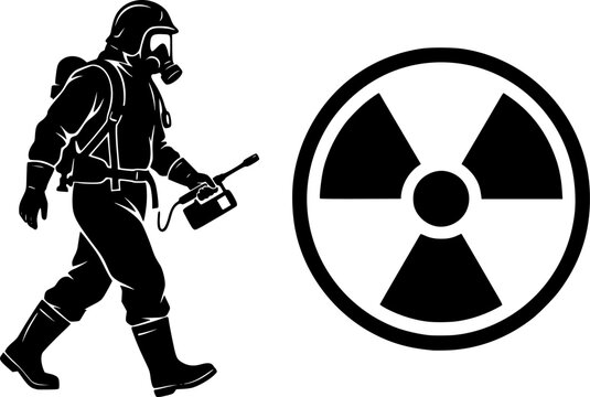 Black and white nuclear hazard safety worker silhouette with radiation symbol isolated on white background

