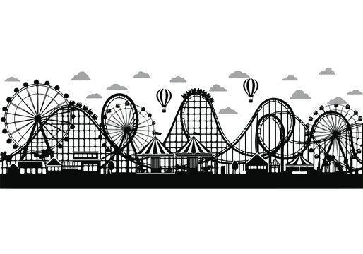 Black silhouette of an amusement park with roller coasters and Ferris wheels at sunset