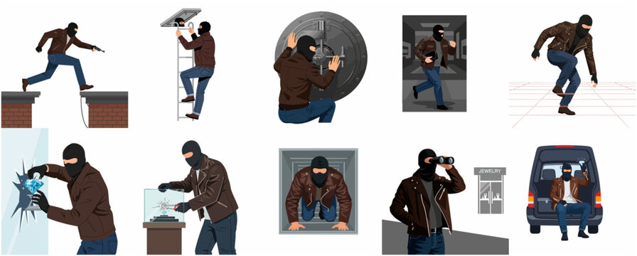 Professional burglar and thief characters set in various robbery and heist scenes, including bank vault break-in, jewelry theft, and getaway scenes.